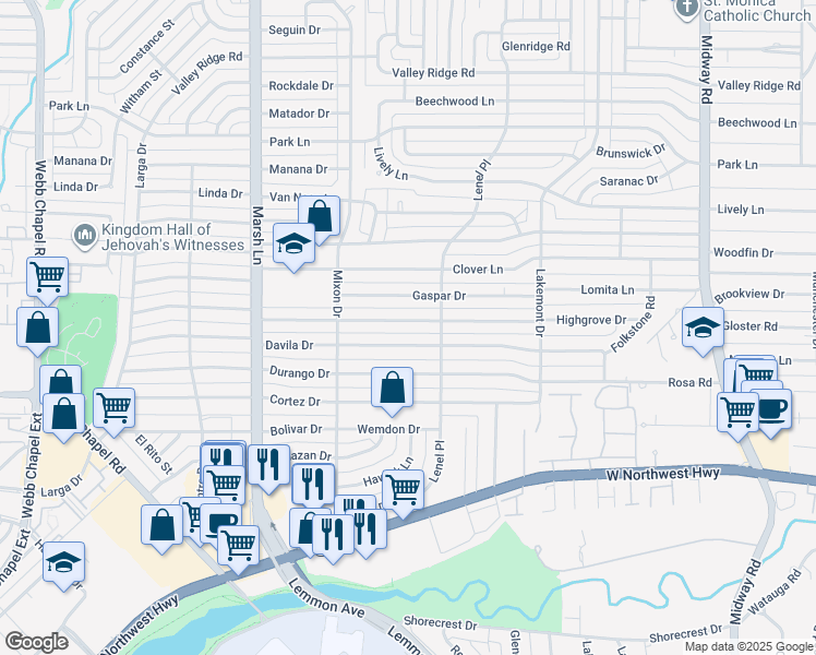map of restaurants, bars, coffee shops, grocery stores, and more near 3860 Davila Drive in Dallas