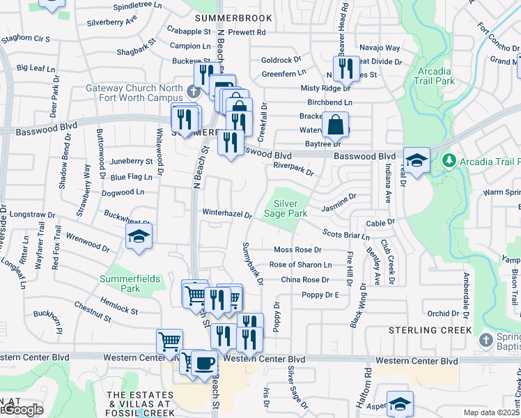map of restaurants, bars, coffee shops, grocery stores, and more near 4608 Winterhazel Drive in Fort Worth
