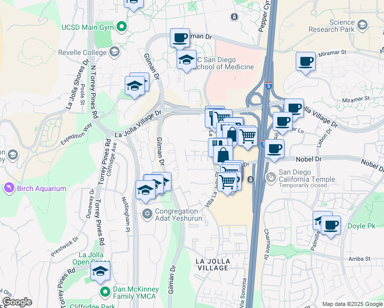 map of restaurants, bars, coffee shops, grocery stores, and more near 3132 Morning Way in San Diego