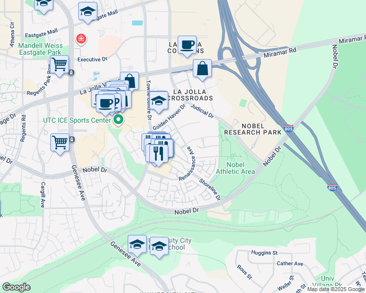 map of restaurants, bars, coffee shops, grocery stores, and more near 5446 Renaissance Avenue in San Diego