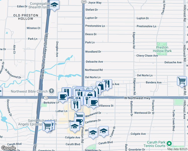 map of restaurants, bars, coffee shops, grocery stores, and more near 6043 Del Norte Lane in Dallas