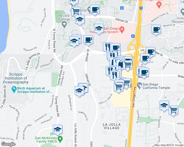 map of restaurants, bars, coffee shops, grocery stores, and more near 3115 Evening Way in San Diego