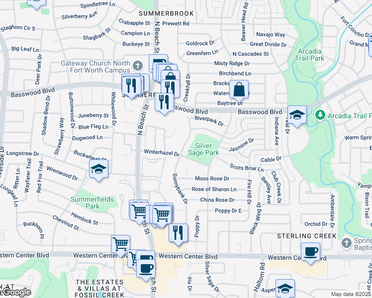 map of restaurants, bars, coffee shops, grocery stores, and more near 4608 Winterhazel Drive in Fort Worth