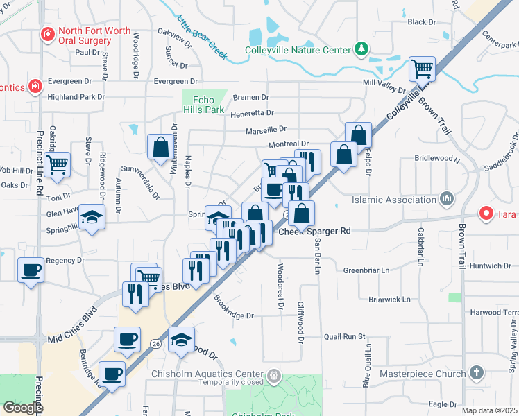 map of restaurants, bars, coffee shops, grocery stores, and more near 446 Mid Cities Boulevard in Hurst