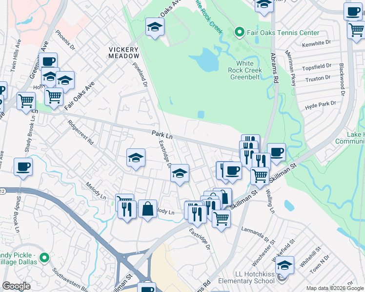 map of restaurants, bars, coffee shops, grocery stores, and more near 6760 Eastridge Drive in Dallas
