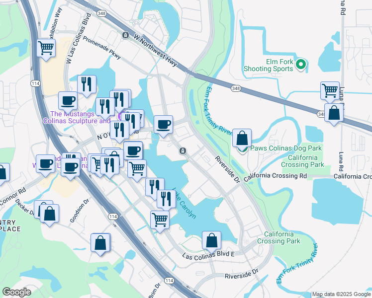 map of restaurants, bars, coffee shops, grocery stores, and more near 871 Lake Carolyn Parkway in Irving