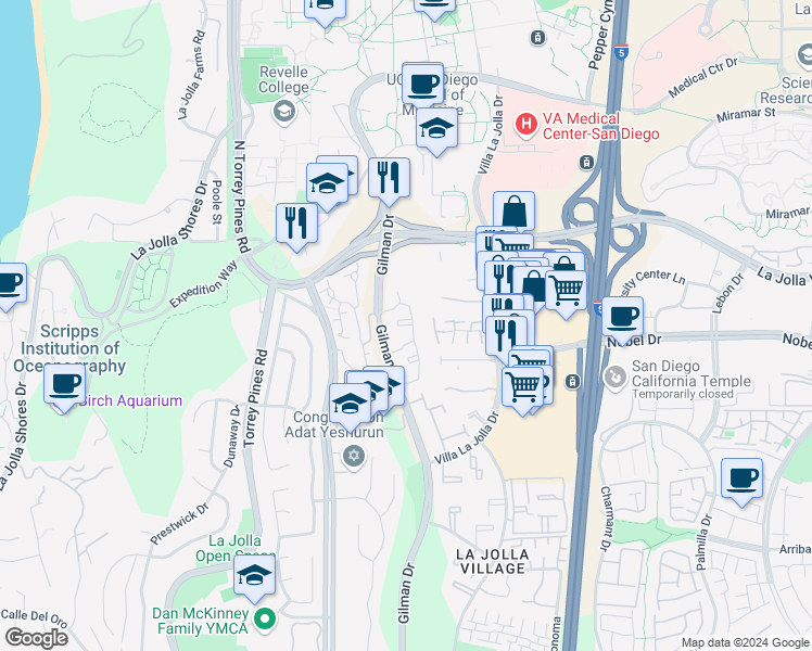 map of restaurants, bars, coffee shops, grocery stores, and more near 3163 Evening Way in San Diego