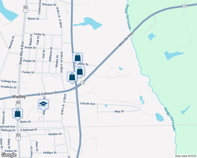 map of restaurants, bars, coffee shops, grocery stores, and more near 436 Bell Street in Wadley