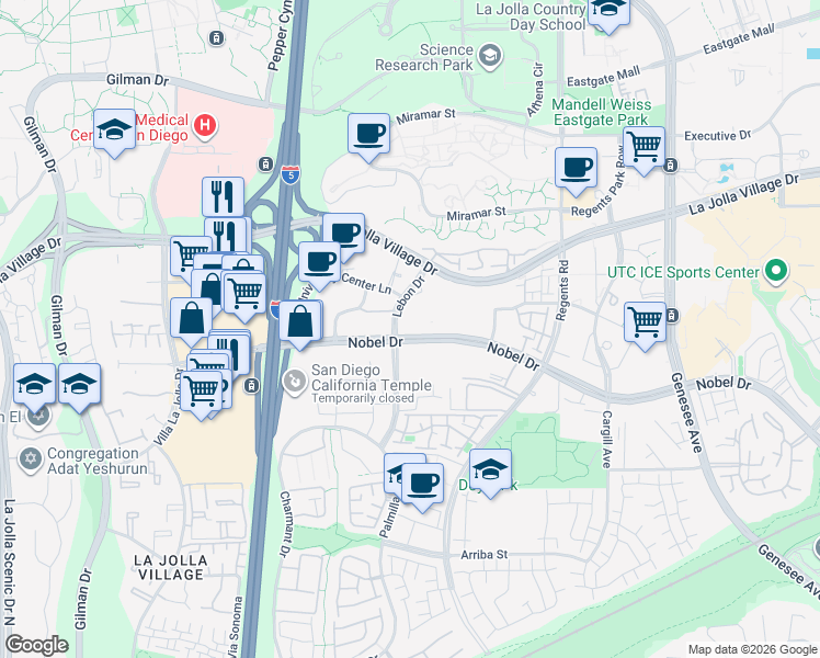 map of restaurants, bars, coffee shops, grocery stores, and more near 3550 Lebon Drive in San Diego
