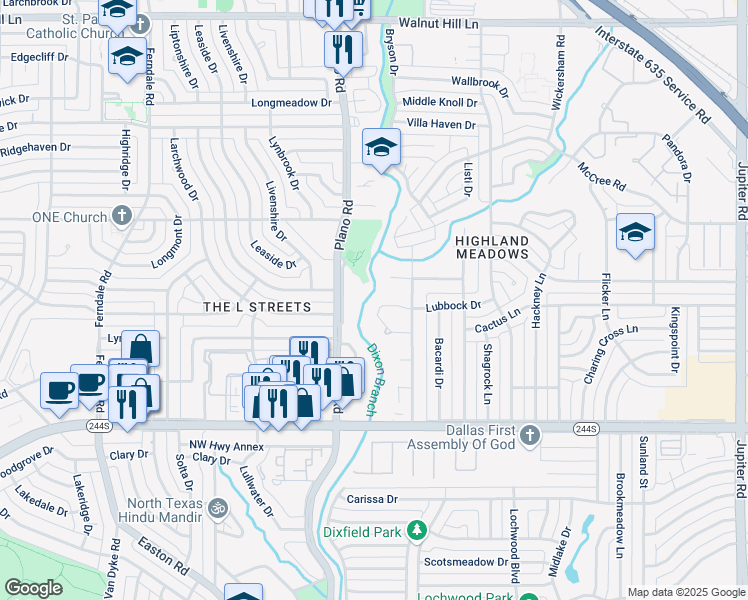 map of restaurants, bars, coffee shops, grocery stores, and more near 10738 Eden Roc Drive in Dallas