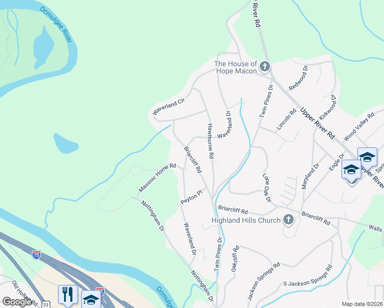 map of restaurants, bars, coffee shops, grocery stores, and more near 1675 Waverland Drive in Macon