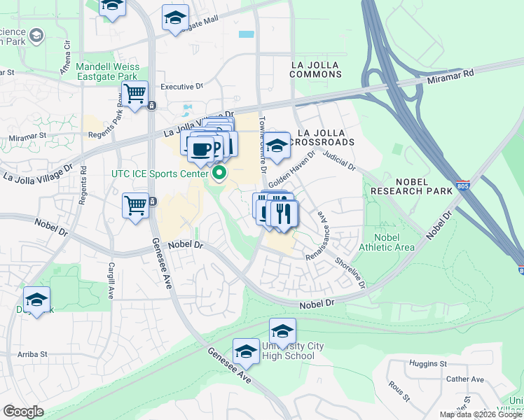 map of restaurants, bars, coffee shops, grocery stores, and more near 8993 January Place in San Diego