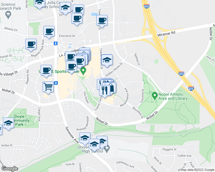 map of restaurants, bars, coffee shops, grocery stores, and more near 8993 January Place in San Diego