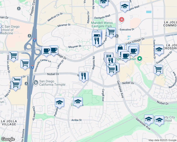 map of restaurants, bars, coffee shops, grocery stores, and more near 4024 Mahaila Avenue in San Diego