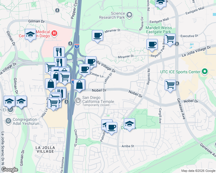 map of restaurants, bars, coffee shops, grocery stores, and more near 3550 Lebon Drive in San Diego