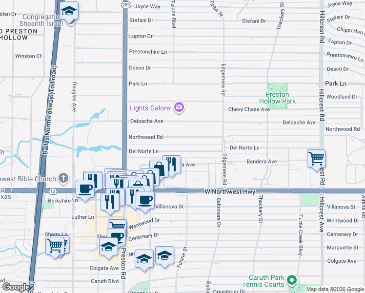 map of restaurants, bars, coffee shops, grocery stores, and more near 6207 Northwood Road in Dallas