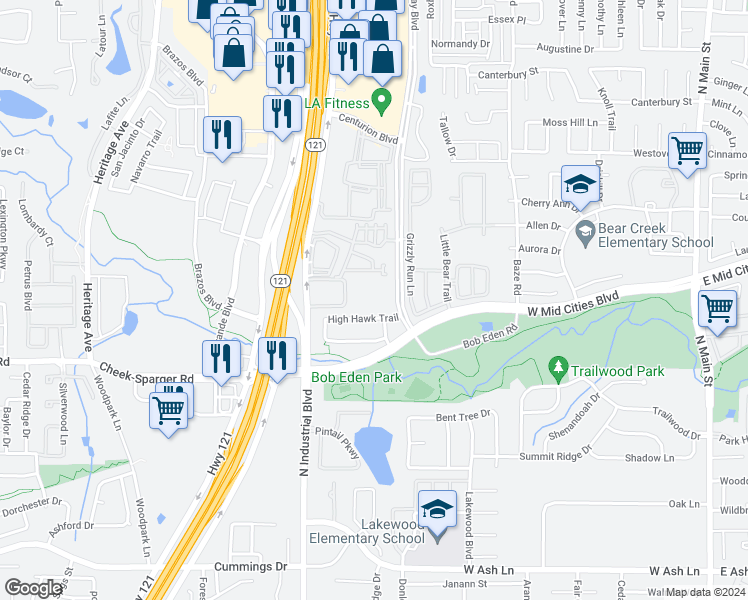 map of restaurants, bars, coffee shops, grocery stores, and more near Gateway Boulevard in Euless