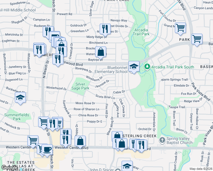 map of restaurants, bars, coffee shops, grocery stores, and more near 4779 Jasmine Drive in Fort Worth