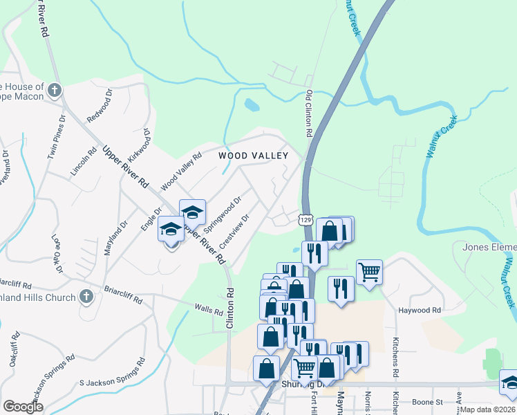 map of restaurants, bars, coffee shops, grocery stores, and more near 1650 Huntley Ridge Drive in Macon