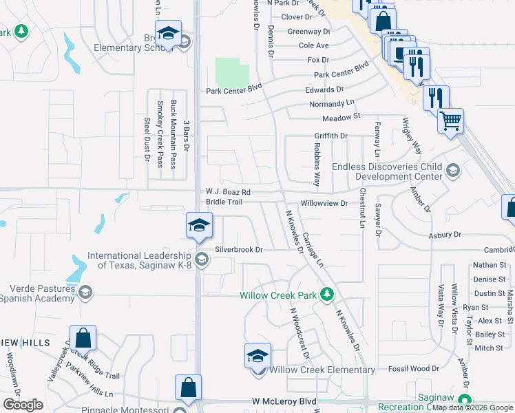 map of restaurants, bars, coffee shops, grocery stores, and more near 708 Bridle Trail in Saginaw