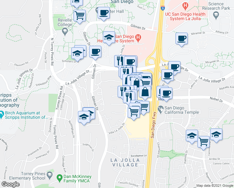 map of restaurants, bars, coffee shops, grocery stores, and more near 3160 Morning Way in San Diego