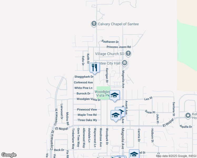 map of restaurants, bars, coffee shops, grocery stores, and more near 10273 Princess Sarit Way in Santee