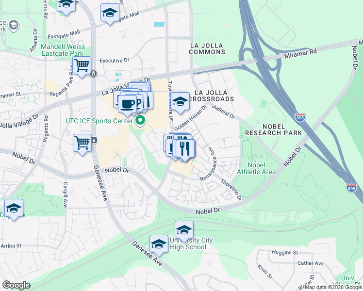map of restaurants, bars, coffee shops, grocery stores, and more near 5578 Renaissance Avenue in San Diego