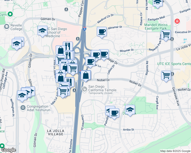 map of restaurants, bars, coffee shops, grocery stores, and more near 8889 Caminito Plaza Centro in San Diego