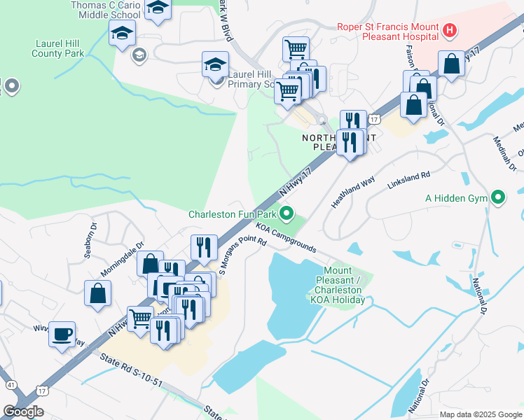 map of restaurants, bars, coffee shops, grocery stores, and more near 2125 U.S. 17 in Mount Pleasant
