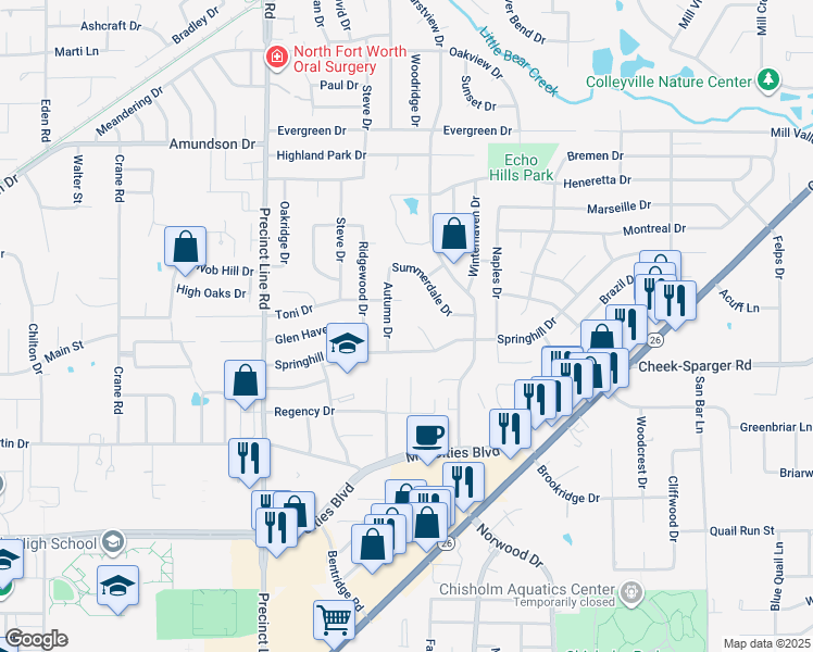 map of restaurants, bars, coffee shops, grocery stores, and more near 2828 Toni Court in Hurst