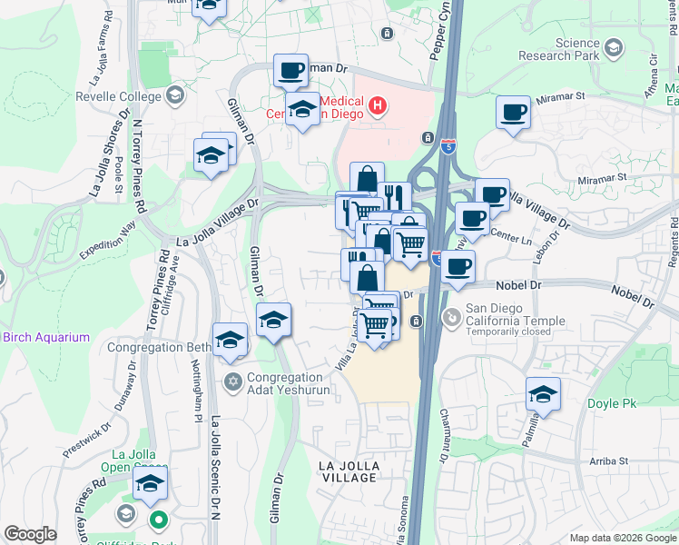 map of restaurants, bars, coffee shops, grocery stores, and more near 8680 Villa La Jolla Drive in San Diego
