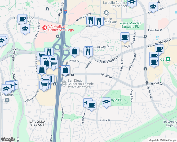 map of restaurants, bars, coffee shops, grocery stores, and more near 3525 Lebon Drive in San Diego