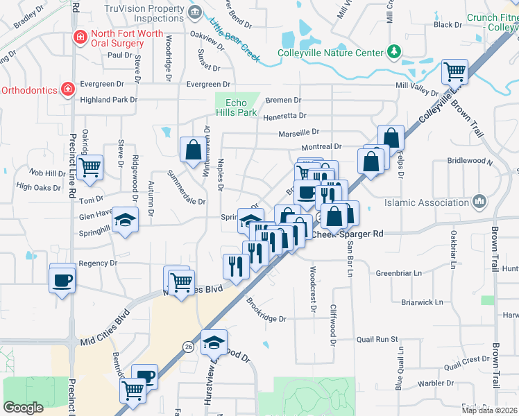 map of restaurants, bars, coffee shops, grocery stores, and more near 408 Springhill Drive in Hurst