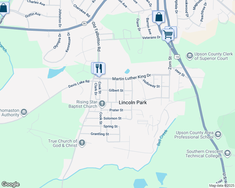map of restaurants, bars, coffee shops, grocery stores, and more near 2061 Wiley Street in Thomaston
