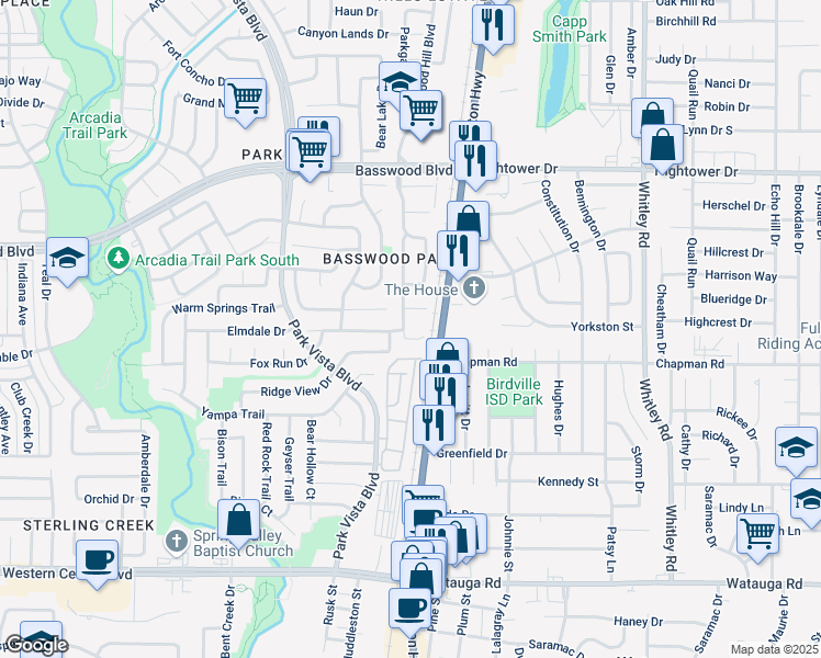 map of restaurants, bars, coffee shops, grocery stores, and more near 7036 Lindentree Lane in Fort Worth