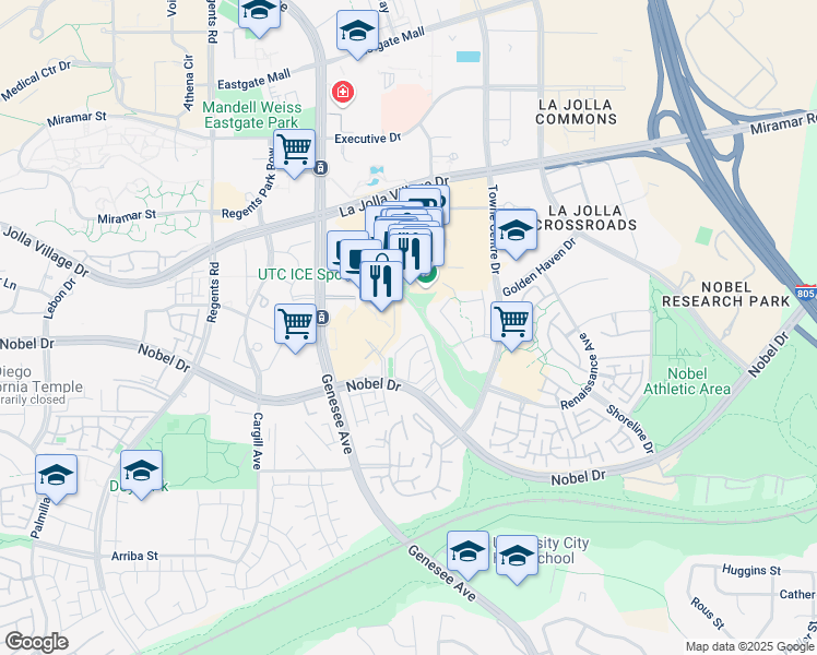 map of restaurants, bars, coffee shops, grocery stores, and more near 9002 Montrose Way in San Diego