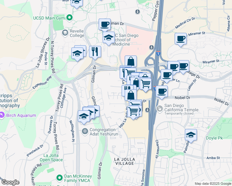map of restaurants, bars, coffee shops, grocery stores, and more near 8850 Villa La Jolla Drive in San Diego