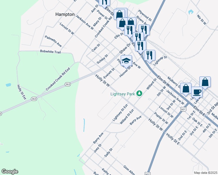 map of restaurants, bars, coffee shops, grocery stores, and more near 507 Everett Street in Hampton