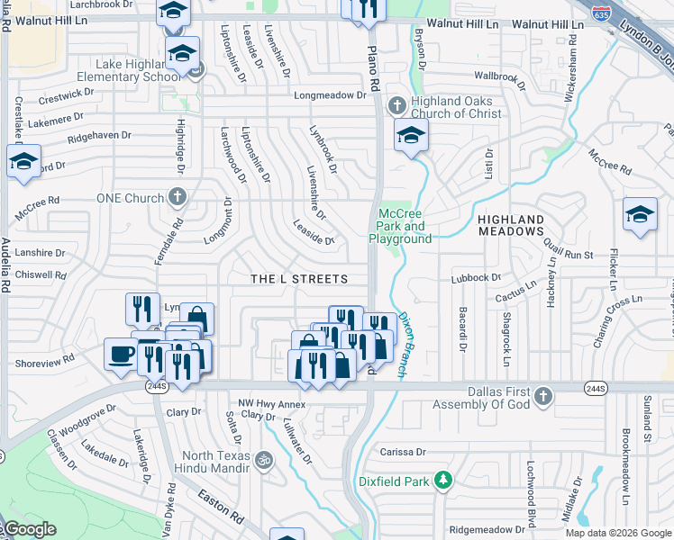 map of restaurants, bars, coffee shops, grocery stores, and more near 8911 Livenshire Drive in Dallas