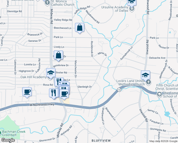 map of restaurants, bars, coffee shops, grocery stores, and more near 4526 Brookview Drive in Dallas