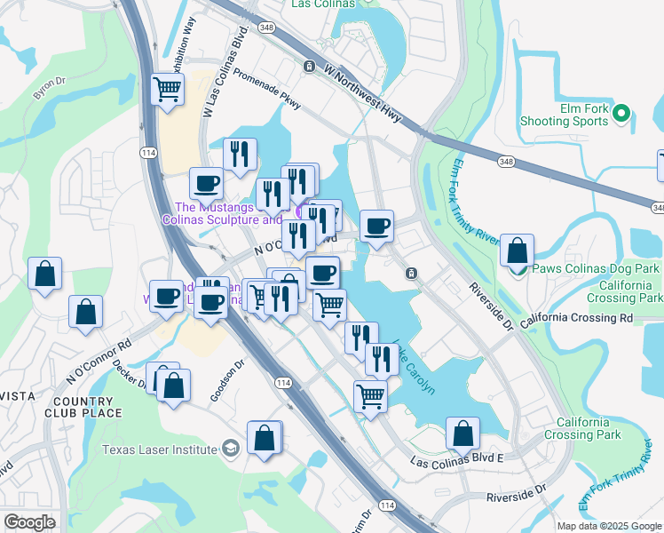 map of restaurants, bars, coffee shops, grocery stores, and more near 5240 North O'Connor Boulevard in Irving