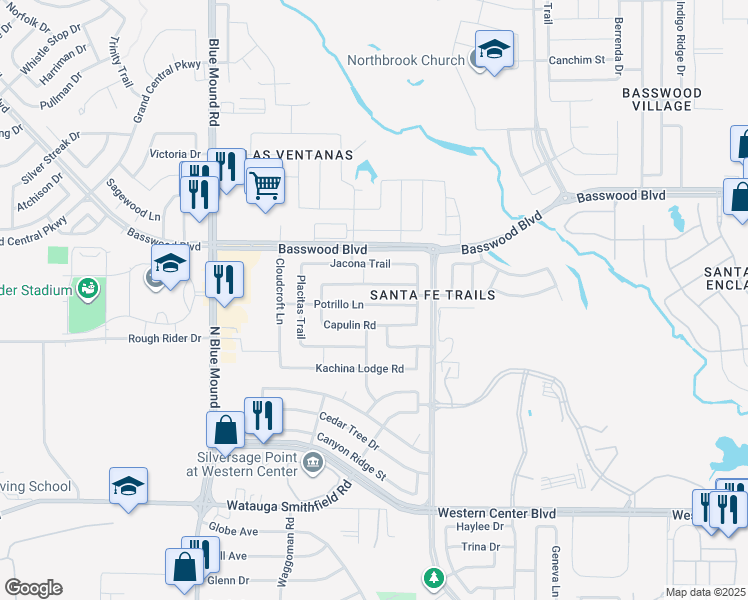 map of restaurants, bars, coffee shops, grocery stores, and more near 1924 Velarde Road in Fort Worth