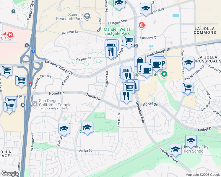 map of restaurants, bars, coffee shops, grocery stores, and more near 8550 Costa Verde Boulevard in San Diego