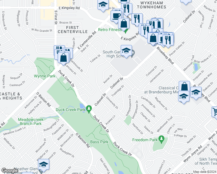 map of restaurants, bars, coffee shops, grocery stores, and more near 221 Colonel Drive in Garland