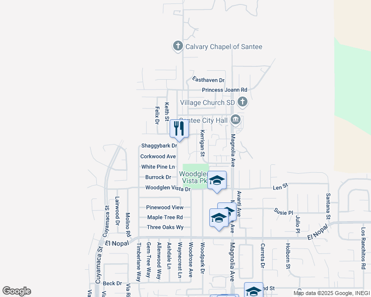 map of restaurants, bars, coffee shops, grocery stores, and more near 10273 Princess Sarit Way in Santee