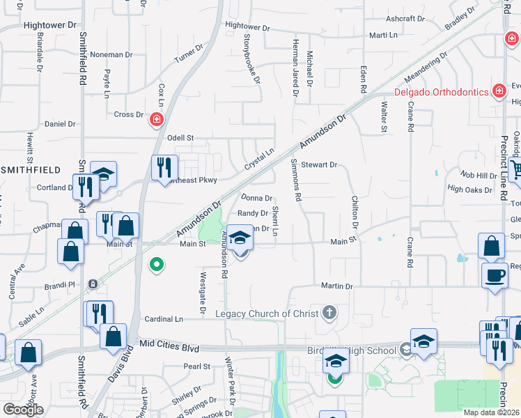 map of restaurants, bars, coffee shops, grocery stores, and more near 8416 Donna Drive in Fort Worth