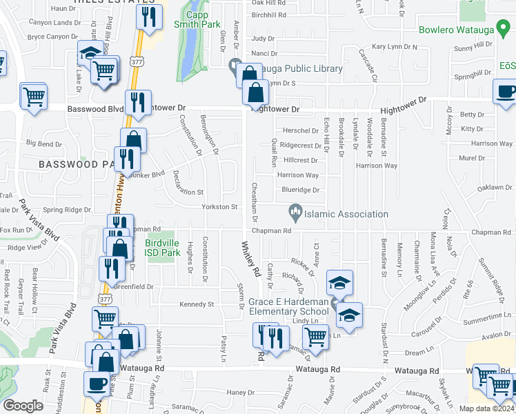 map of restaurants, bars, coffee shops, grocery stores, and more near 5932 Highcrest Drive in Watauga