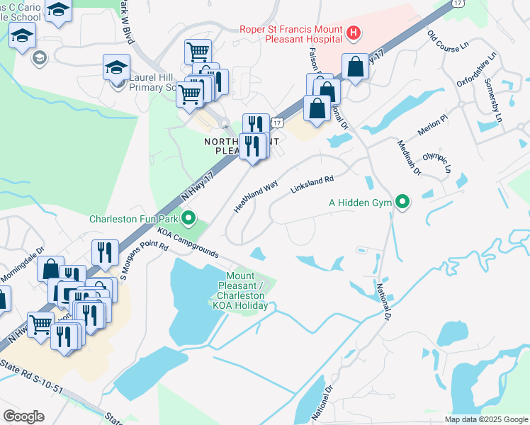 map of restaurants, bars, coffee shops, grocery stores, and more near 3111 Linksland Road in Mount Pleasant