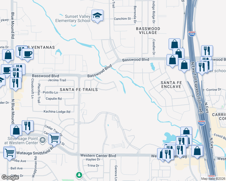 map of restaurants, bars, coffee shops, grocery stores, and more near 7120 Amola Terrace in Fort Worth