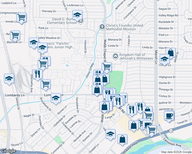 map of restaurants, bars, coffee shops, grocery stores, and more near 9765 Webb Chapel Road in Dallas